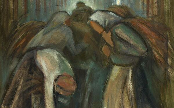 Max Christoph, Reisigsammlerinnen, 1947. Gruppe von Frauen in Röcken und mit Kopftüchern beim Reisigsammeln im Wald, alles in gedeckten erdigen Farben, im Hintergrund Lichtdurchbruch zwischen hohen Baumstämmen