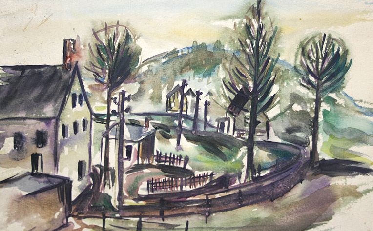 Hans Meitzner, Geyer, undatiert. Locker gemaltes Aquarell mit einzelnen Häusern, Bäumen und Strommasten, im Vordergrund führt ein Weg von links nach rechts in die Tiefe, im Hintergrund ein Bergrücken, bräunlich-blau-graue Farbstimmung