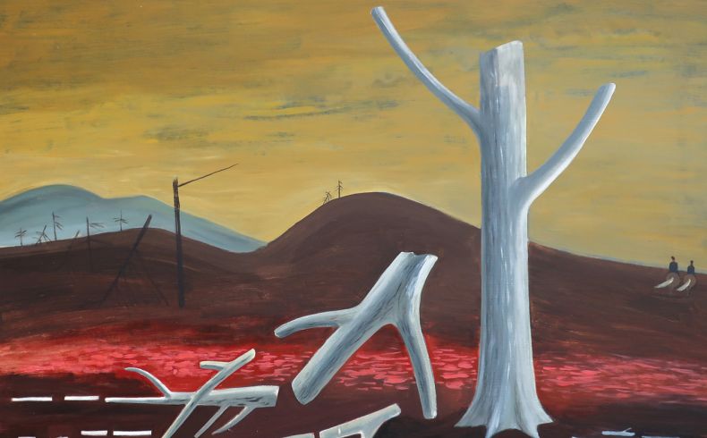Repräsnetatives Gemälde in fast surrealer, genauer Malweise, Hauptgegenstand ist ein abgestorbener Baum, gräulich-weiß, weitere Äste liegen wie Konochen eines Skelettes daneben, im Hintergrund braune und graue Hügel vor gelblich-grauem Himmel