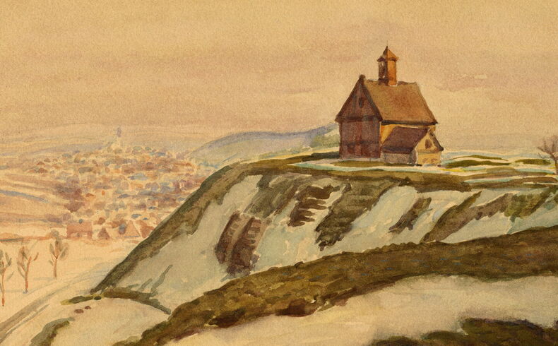 Aquarell mit dem markanten Gebäude von Schindlers Schacht bei Schneeberg, welches im Hintergrund zu sehen ist; im Vordergrund Wiesen mit Schneeresten