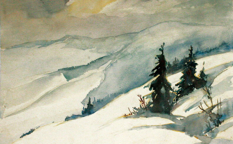 Robert Kluge, Blick zum Keilbergmassiv, 1954. Winterlandschaft mit Blick zum Keilbergmassiv, rechts Sträucher und Fichten, insgesamt blau-graue winterliche Stimmung