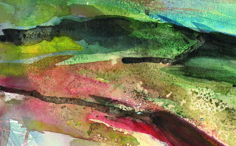 Aquarell mit einer dichten Struktur und nuancenreicher Farbigkeit. Die Spuren des Pinsels sind deutlich erkennbar, verschiedene Farben überlagern sich. Im Hintergrund deutet sich eine langgestreckte Horizontlinie und ein größerer Bergrücken an.