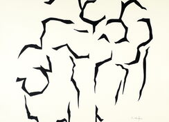 schmale, schwarze, zackige Linien sind relativ sparsam auf dem ansonsten weißen Blatt verteilt, im unteren Bildbereich überwiegend vertikal ausgerichtet, nach oben hin verstärkt horizontal bzw. fragmentarisch Sechsecke ausbildend, insgesamt eine eher abst