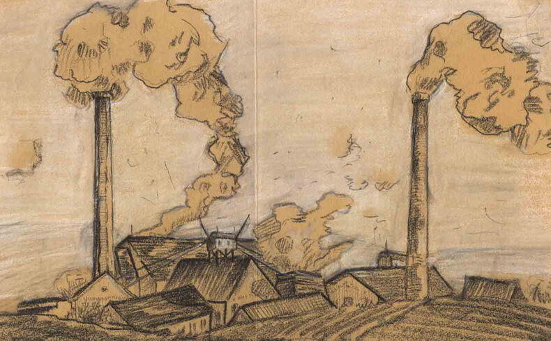 Zeichnung mit schwarzer Kohle auf gelblichem Papier, viele dicht beieinander liegende Schachtgebäude mit zwei großen Schornsteinen und markanten Rauchwolken, im Vordergrund durch einfache Schraffuren angedeutete Felder, der Himmel weißlich-grau