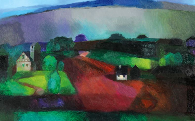 vor einem blaugrauem Bergrücken, kleinteilige Landschaft mit Halden, Schachtgebäuden und Bäumen, farblich sehr reichhaltig mit sanft ineinander übegehenden Farbflächen von blau über grün bis hin zu rot und violett