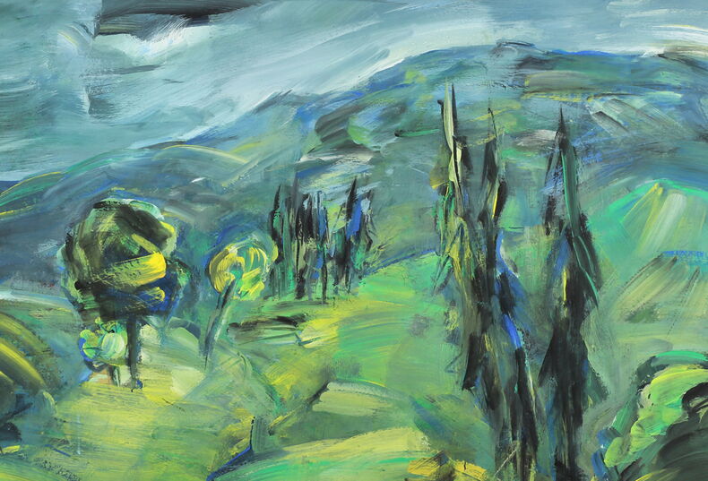 Klaus Hirsch, Erzgebirgslandschaft, 2011,Blick über eine hügelige Landschaft mit Bäumen und Büschen, rechts vorn zwei hohe Bäume, relativ expressiver Pinselduktus, Blau-, Grün und Gelbtöne vorherrschend, der Himmer blaugrau mit wenigen weißen Aufhellungen