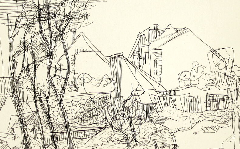 Locker ausgeführte Landschaftsstudie mit Häusern und Schuppen, im Vordergrund links vier größere geneigte Laubbäume