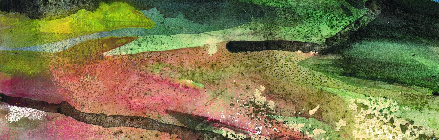 Aquarell mit einer dichten Struktur und nuancenreicher Farbigkeit. Die Spuren des Pinsels sind deutlich erkennbar, verschiedene Farben überlagern sich. Im Hintergrund deutet sich eine langgestreckte Horizontlinie und ein größerer Bergrücken an.