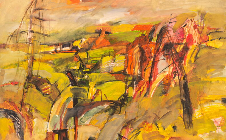 Volker Beyer, Kammlandschaft II, 1988. Expressive Landschaft vom Erzgebirgskamm in Ocker-, Gelb-, und Grüntönen, vom Wind stark geformte Bäume