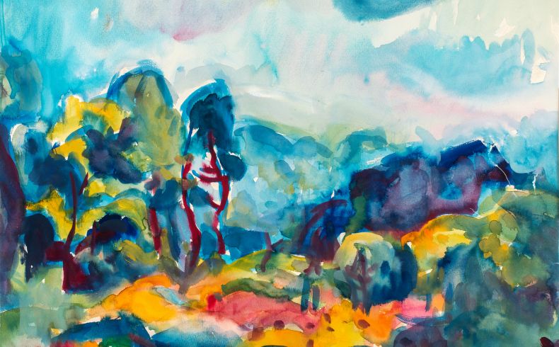 Landschaftsaquarell mit blauen und orangen, großzügig gesetzten Farbflecken, verschiedene Bäume und Baumgruppen und Sträucher, sommerliche Stimmung