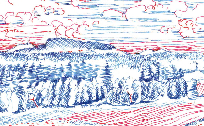 Weiter Blick über Felder und Waldstücke hin zum Erzgebirgskamm, auschließlich ausgeführt in roten und blauen Strichen.