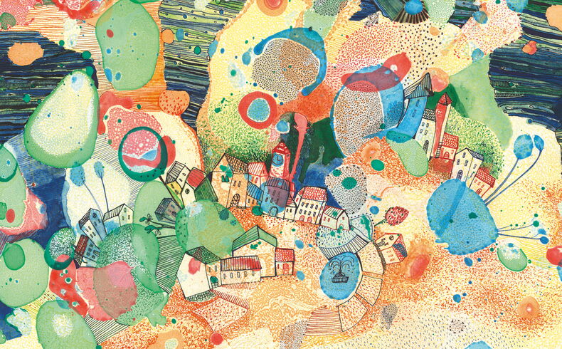 Katrin Baumann, Landschaft Gutenachtgeschichte, 2010. Farbenfrohe Traumlandschaft mit blasenähnlichen Farbflecken, im Mittelgrund kleine Häuser, die an erzgebirgisches Holzspielzeug erinnern