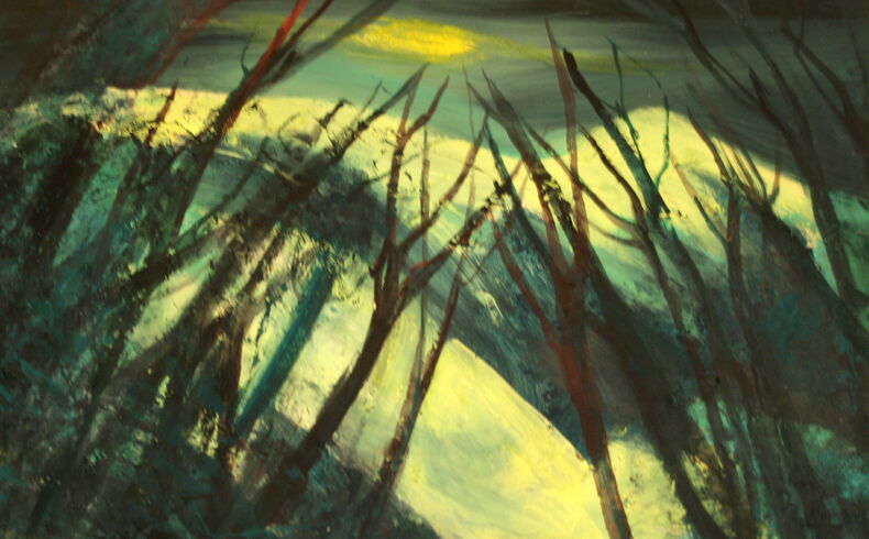 Blick auf einen vom Mondlicht beschienenen, gelblich leuchtenden Hang, von links und rechts schräg ins Bild ragende Bäume und Äste