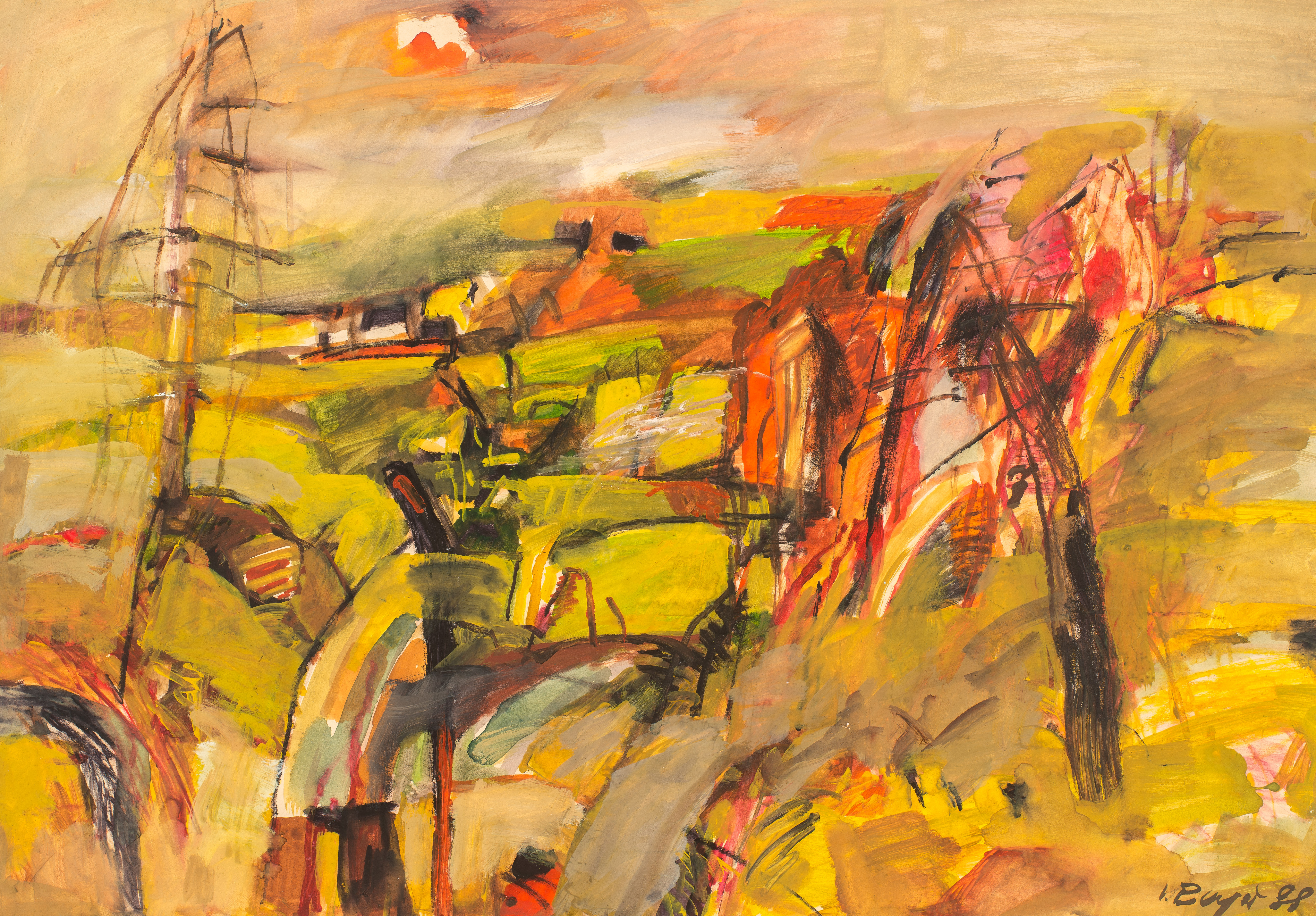 Volker Beyer, Kammlandschaft II, 1988. Expressive Landschaft vom Erzgebirgskamm in Ocker-, Gelb-, und Grüntönen, vom Wind stark geformte Bäume